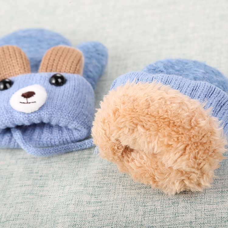Picture of 0-3 years old cute ears bear cartoon children's gloves winter knitted wool double plus velvet padded warm