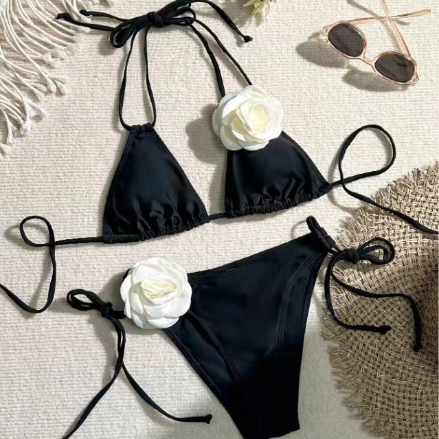 Solid Color New Fashion 3D Three-dimensional Flower European and American Split Strap Swimsuit Cross-border Amazon Sexy Bikini Swimsuit