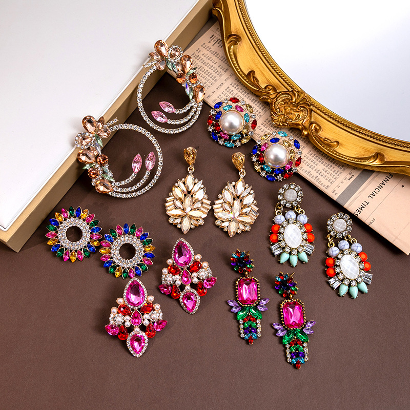 European and American Colored Diamond Luxury Heavy Industry Pearl Earrings Retro Court Style Geometric Square Earrings Water Drops Diamond Earrings