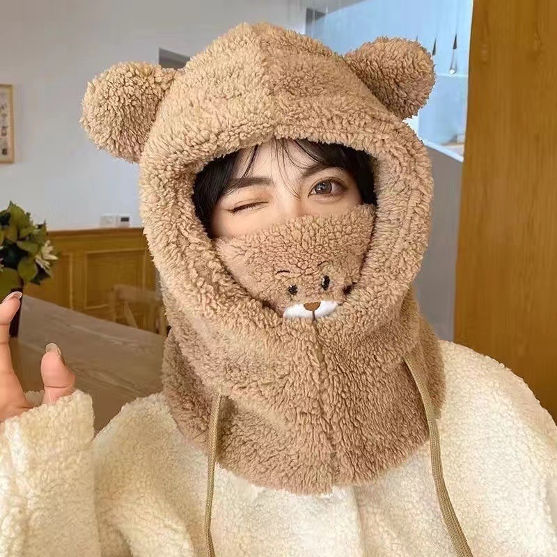 Picture of Autumn and Winter Little Bear Four-Piece Set of Cotton Fleece Cute Neck Warmers, Cycling Gloves, Ear Guards, Hat Scarf, One-Piece Plush