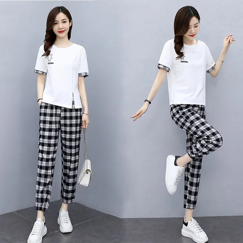 Fashion casual suit women's summer new simple temperament slimming split top plaid pants two-piece set