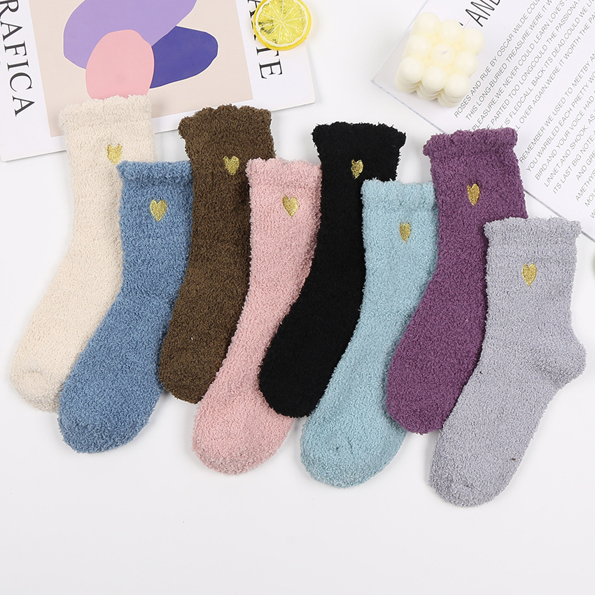 Winter embroidered love half velvet thickened warm coral fleece mid-calf socks floor confinement socks bubble mouth women's socks