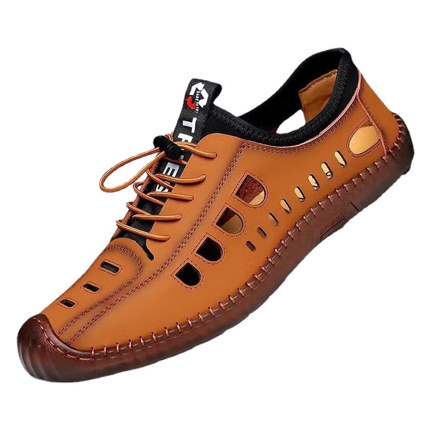 Men's Sandals Summer Soft Leather Breathable Hollow-out Hole Shoes Beef Tendons Soft Bottom Leather Sandals Casual All-match Sandals for Men