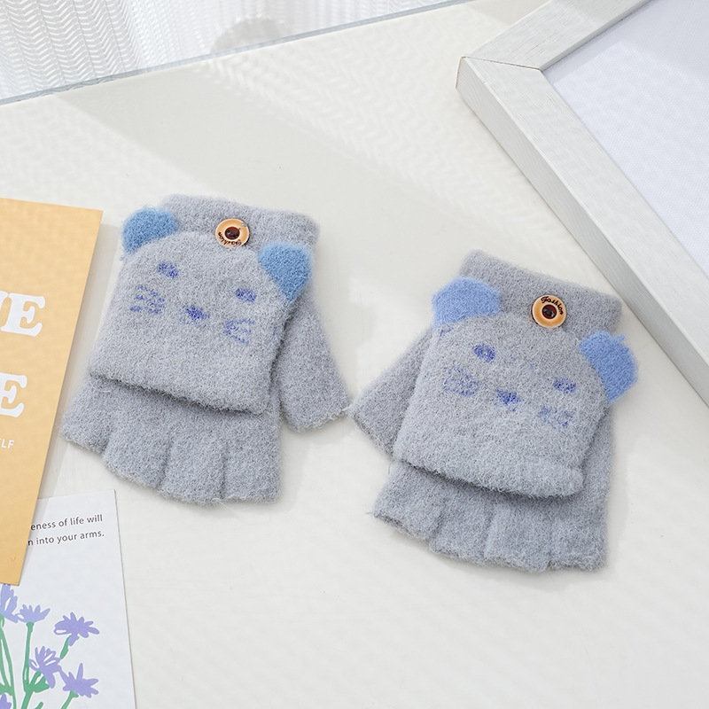 Picture of Children's flip gloves autumn and winter boys half finger warm cute Primary School students writing knitted dual-purpose gloves wholesale