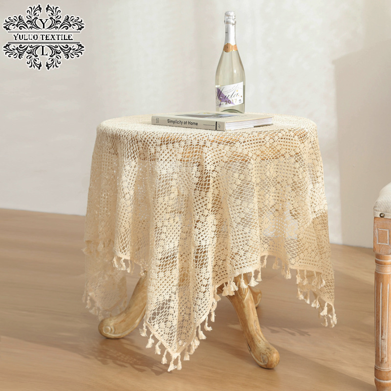 American Style Pastoral Cotton Woven Tablecloth Lace Hollow Crochet Tassel Tablecloth French Cover Cloth Vintage Ins Tablecloth