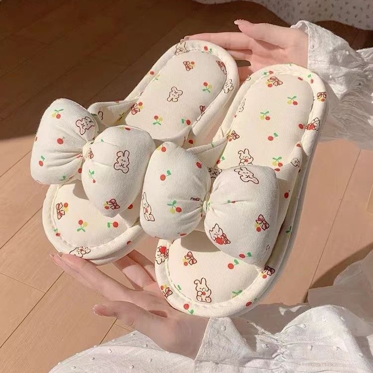Versatile soft sole girlfriend silent floor slippers linen breathable spring and autumn bow slippers women's new home shoes