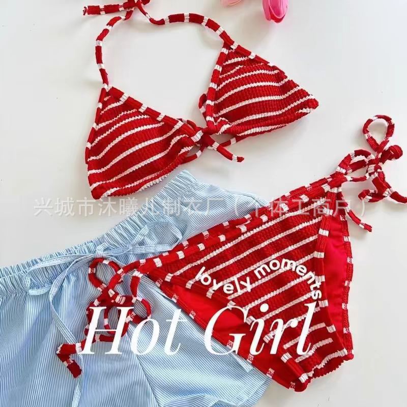 Factory Wholesale Thailand Holiday Split Bikini Sexy Red Spice Girl Striped Loose Strap Spa Beach Swimsuit