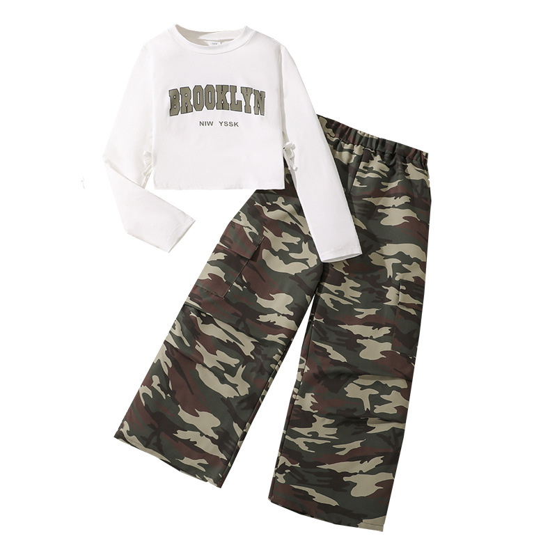Picture of Foreign Trade Women's Children's Wear Spring and Autumn New American Retro Camouflage Trousers Letter Printed Long Sleeve Top Big Children's suit