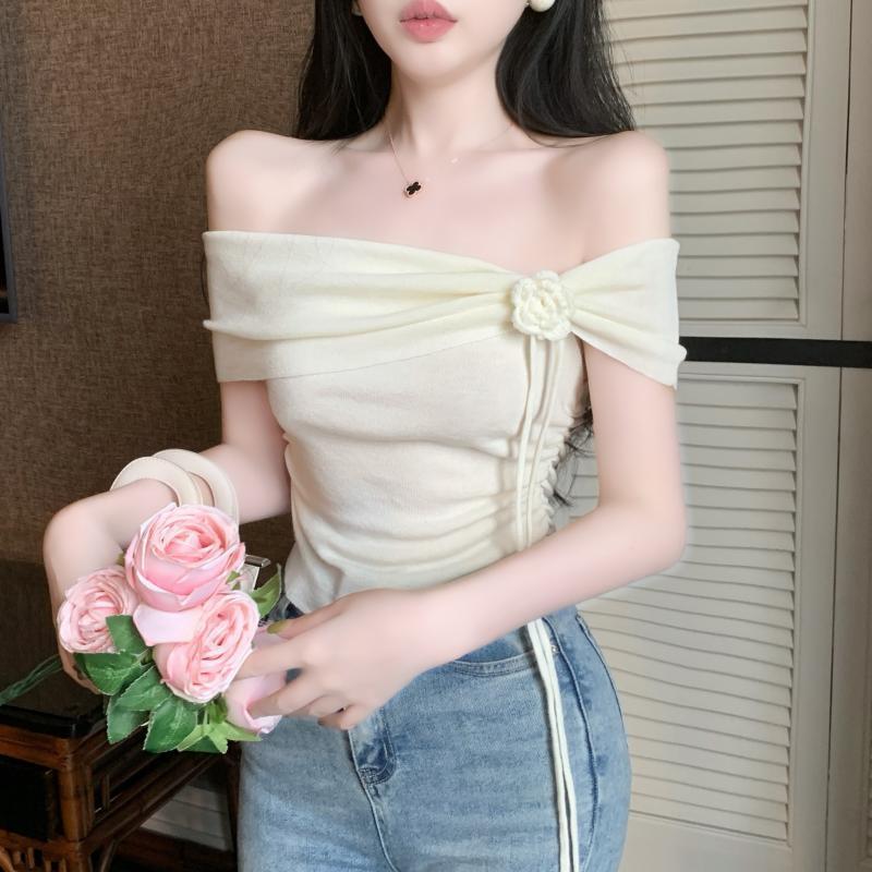Picture of Pure Sweet Spice Girl Off-shoulder Flower Small Top Women's Summer High-end French Pink Short-sleeved Shirt Chic and Beautiful