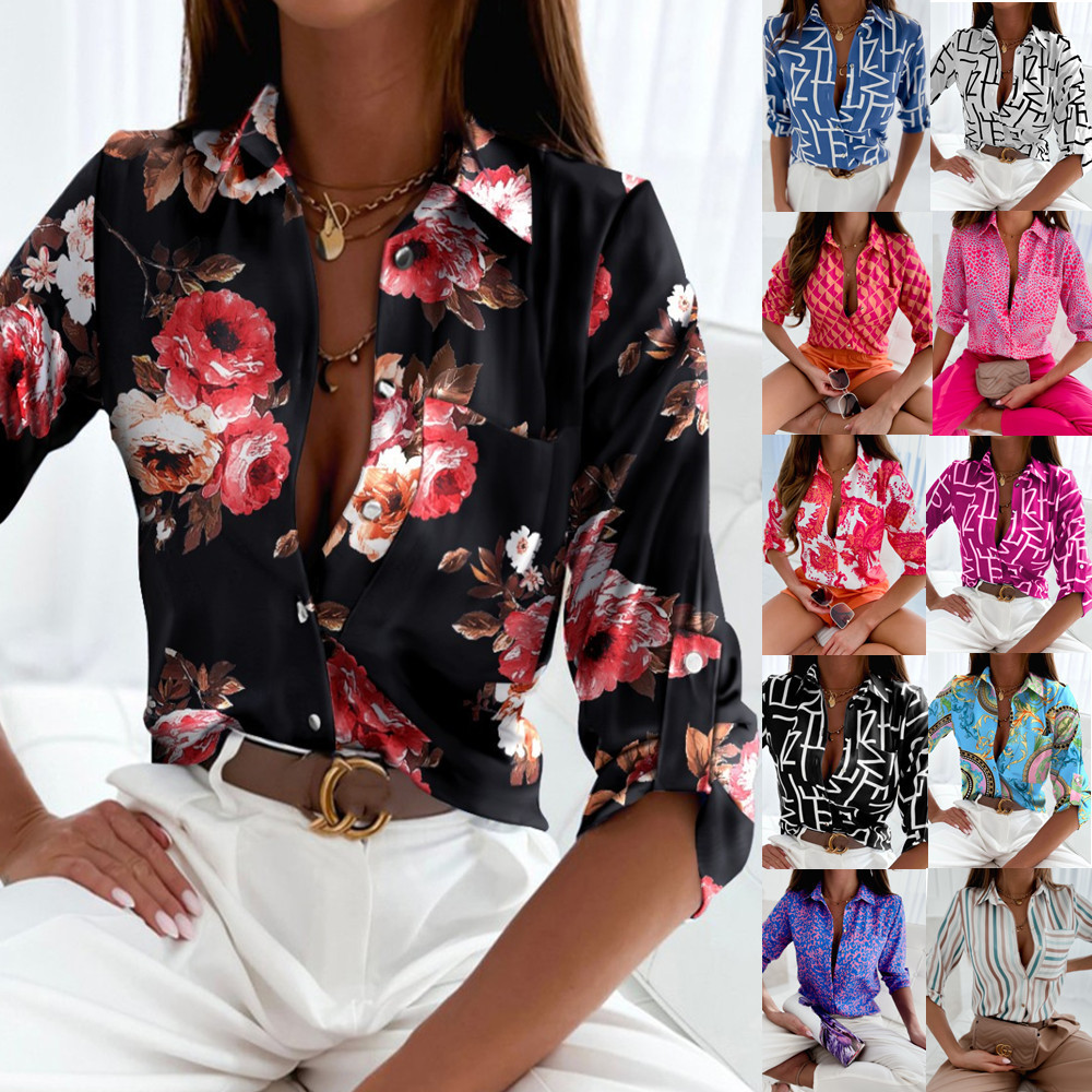 2023 European and American Foreign Trade Women's Cross-border Spring and Autumn Jacket Independent Station Amazon Long Sleeve Shirt Printed Shirt Women