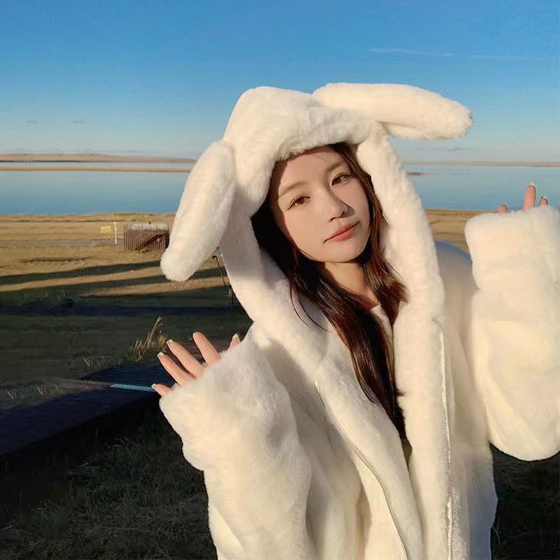 Picture of Cute Lamb Wool Coat with Rabbit Ears for Women, Winter 2025 New Style, Fleece-Lined, Thickened, Soft and Fluffy Cotton Jacket