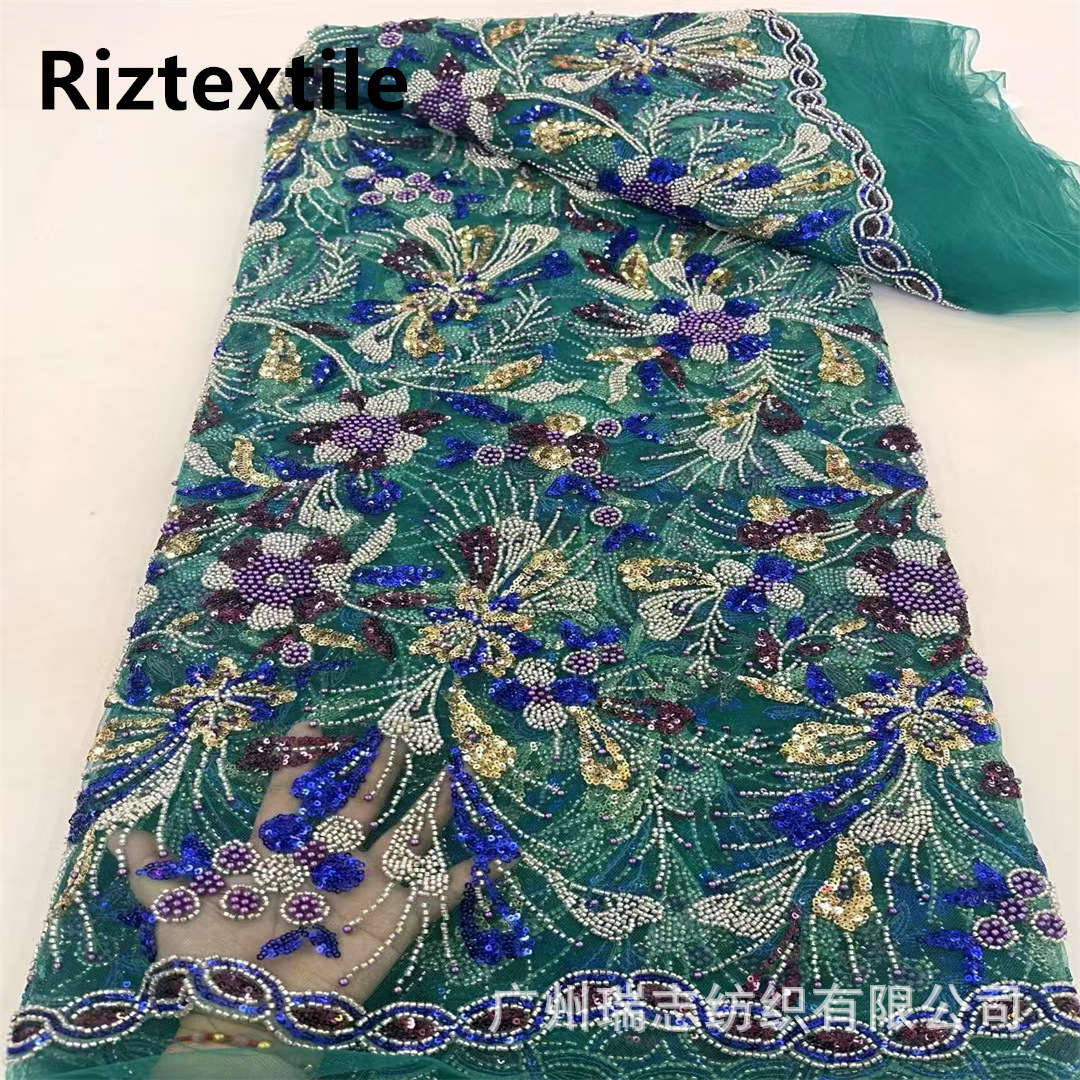 Color Heavy Industry Bead Tube Sequins Embroidered Cloth Plant Flower Dai Clothing Wedding Dress Stage Performance Clothing Fabric