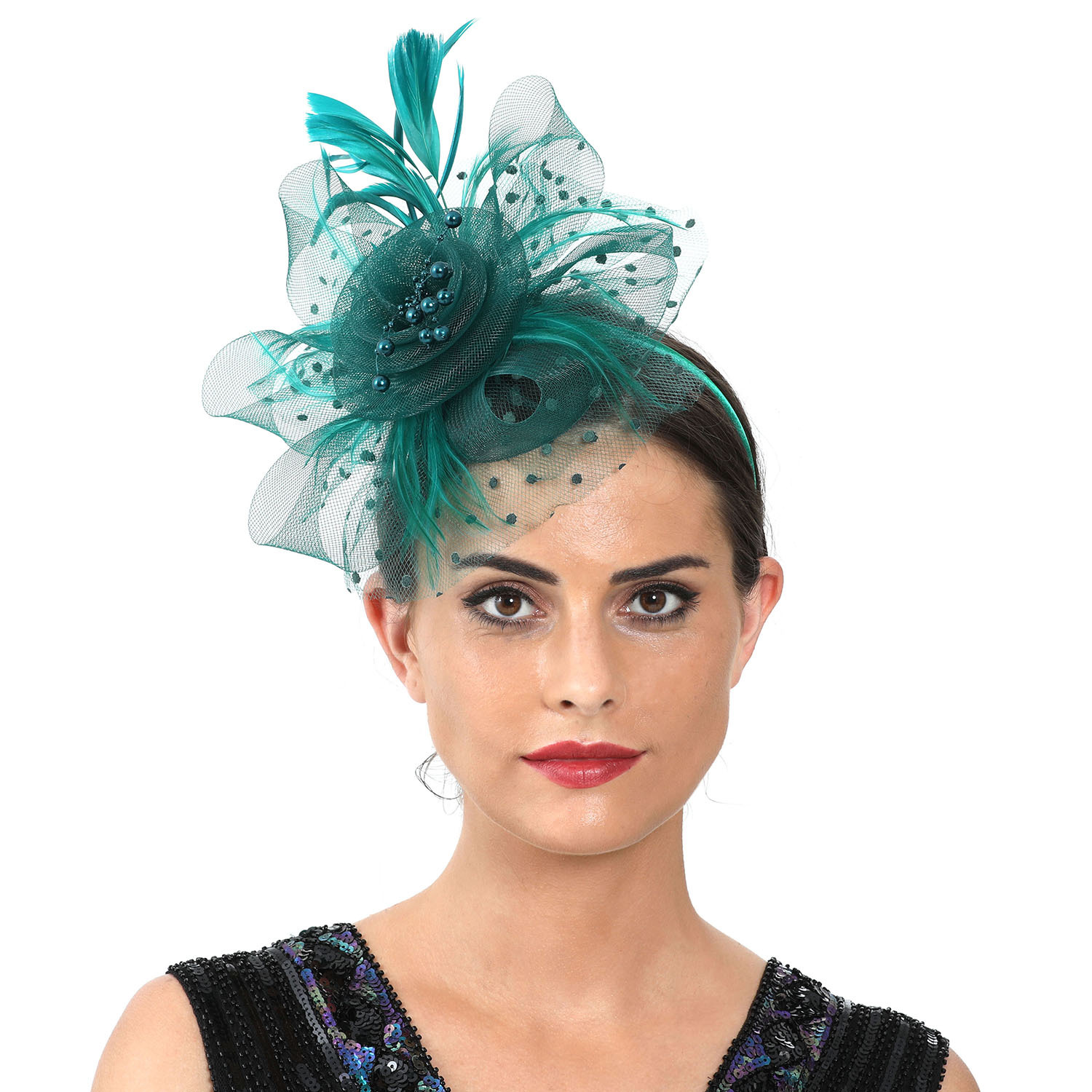 Picture of European and American Popular Amazon Feather Headdress Bridal Hair Accessories Mesh Top Hat Jockey Club Hair Accessories Hairpin Headband