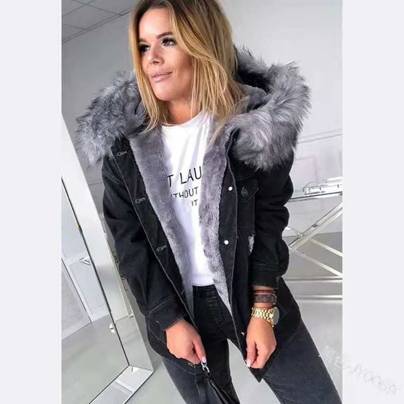 Picture of 2024 Autumn and Winter Denim Jacket Plus Velvet Denim Jacket European and American Retro Large Fur Collar Temperament Commuting Warm Ripped Coat