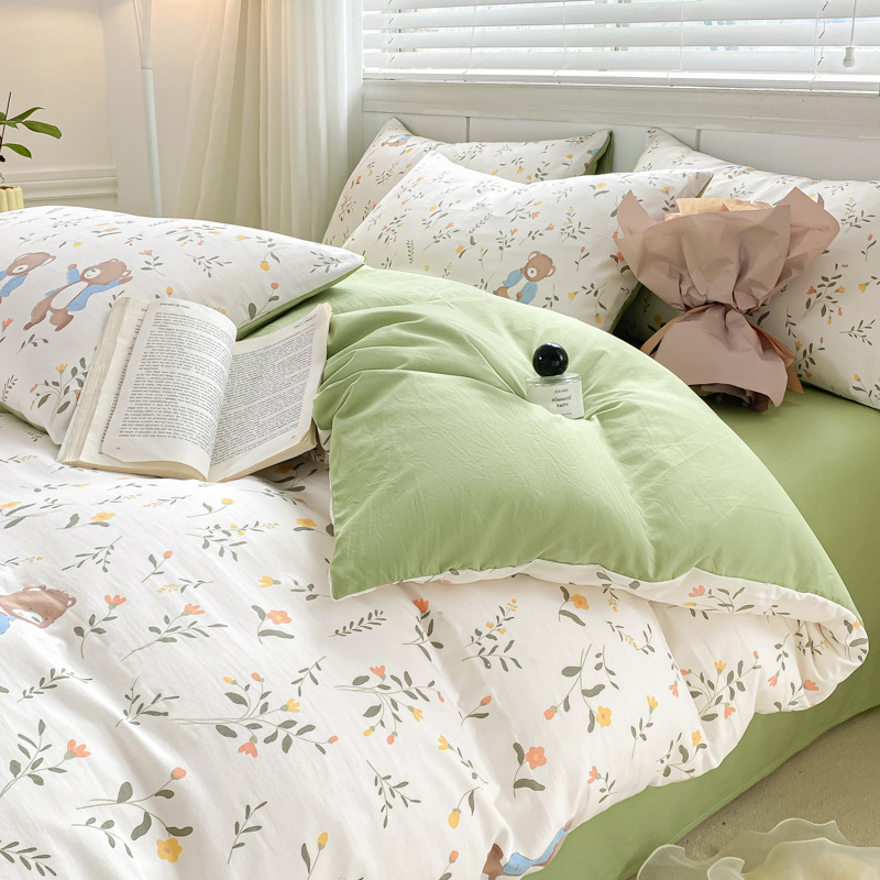 Picture of Small fresh class a 100 wash cotton four-piece set sanding cotton full quilt cover single bed hat student dormitory three or four-piece set