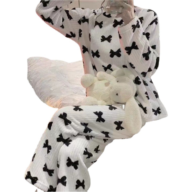 Autumn and Winter Coral Fleece Bow Printed Warm Suit Casual Thickened Fleece-Lazy Pajamas for Home Furnishing Women