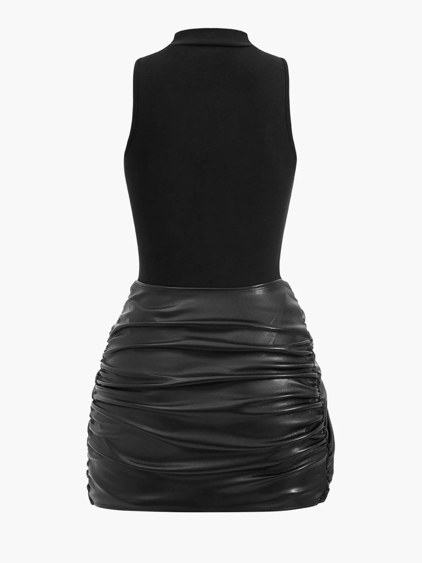 2025 Cross-Border Amazon European and American Women's Pure Color Sleeveless Mini Dress + Front Lace-Up Pu Decorative Two-Piece Set