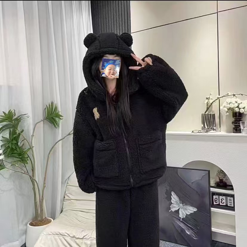 Teddy fleece-lined Thickened Outer Wearing Warm Pajamas suit Dolphin Velvet Home Clothes Women's Autumn and Winter