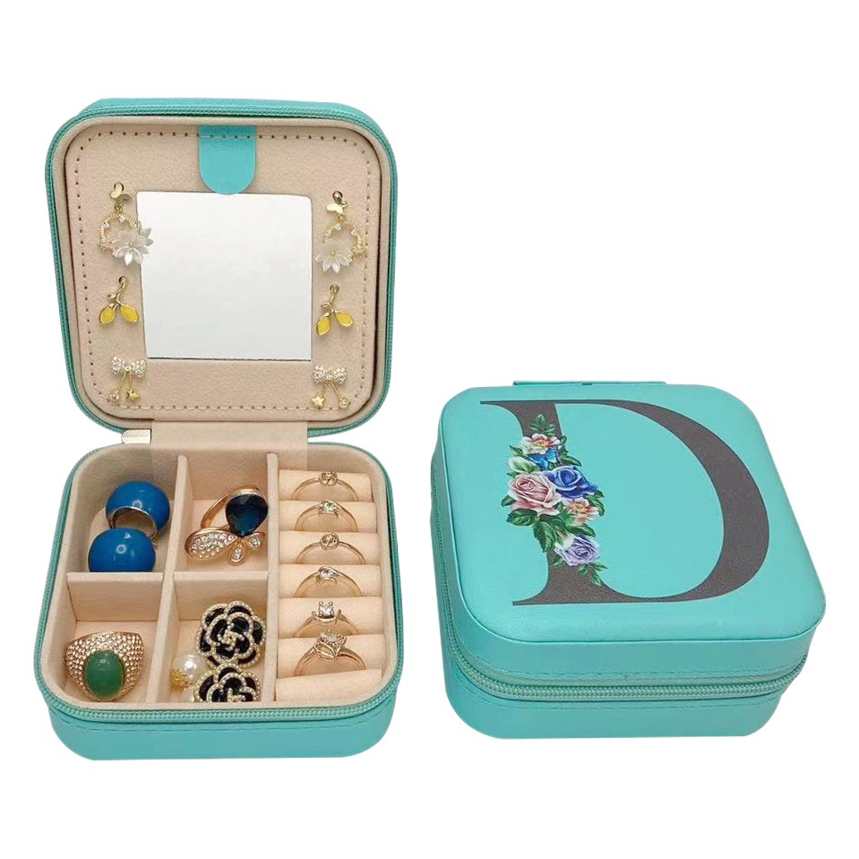 Portable mirror Pu printed letter storage box ear studs earrings ring box jewelry box wholesale packaging box