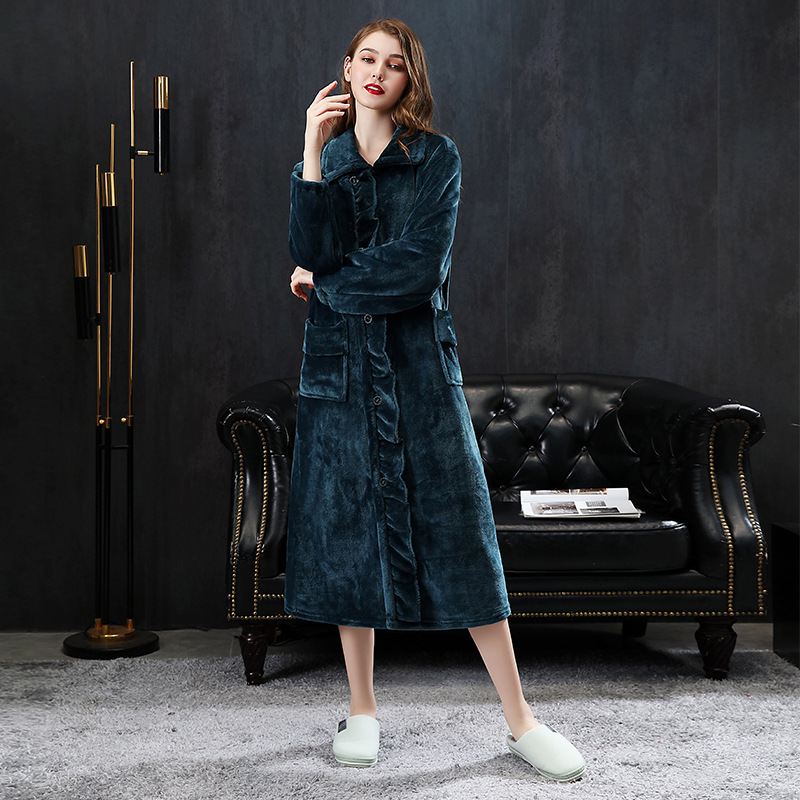 Picture of Women's nightgown fleece-lined thickened long-sleeved sweet small lapel nightdress autumn and winter flannel pajamas home wear