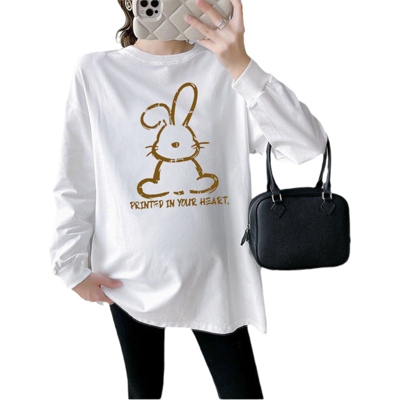 Pregnant mother cotton long-sleeved T-shirt female 2023 autumn and winter plus size loose casual white mid-length casual bottoming shirt