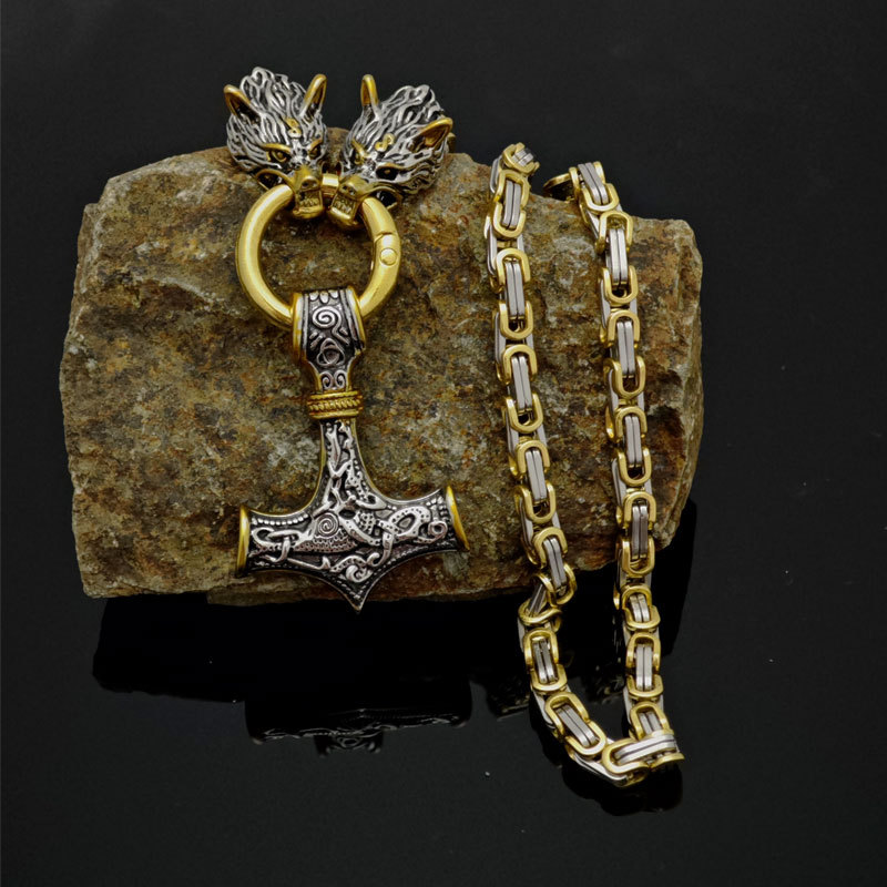 Picture of Foreign Trade Explosions Retro Nordic Viking Rune Hammer Pendant Wolf Head Necklace Bracelet Jewelry suit Stainless Steel Chain