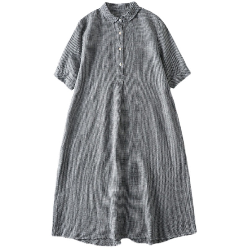 2024 New Summer Clothing Retro Loose Plaid Cotton and Linen Fashionable Belly-Covering Polo Collar Short-Sleeved Large Hem Dress for Women