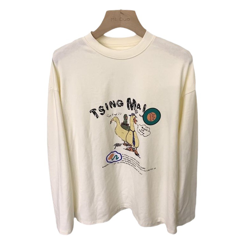 Letter Cartoon Printed Long-sleeved T-shirt Women's 2024 Autumn and Winter New Casual Loose Western-style Base Shirt Inner Top