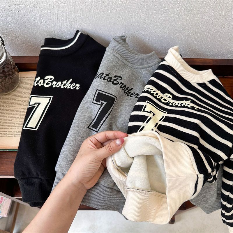 Picture of Children's sweater winter new boys and girls baby plus velvet thickened striped pullover baby letter printed top