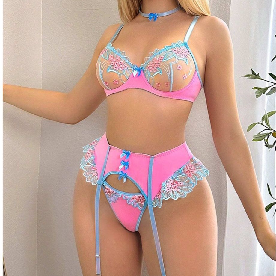 Sexy Stitching Embroidered Flower Bra with Steel Ring Garter Leg Thong Sexy Underwear Four-piece 9212