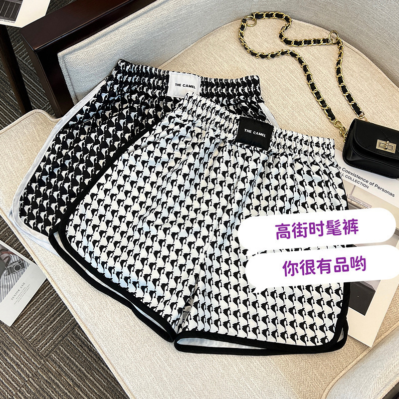 Summer Pants Sports Pants New Style Street-fried 2023 Printed High Waist Wide-leg Pants Short All-match Korean Style Plaid Casual Pants for Women