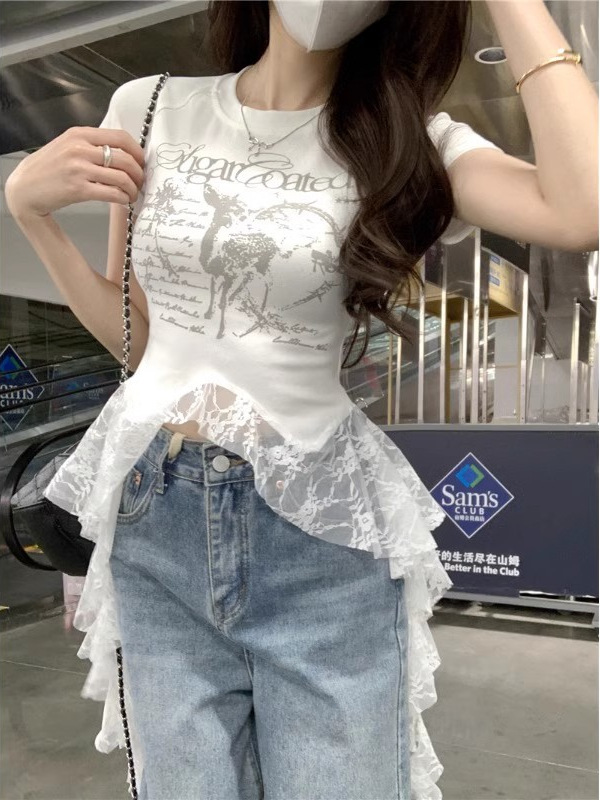 French Hot Girl Style Lace Splicing Short-Sleeved Shirt for Women Summer New Slimming Letter Printed Top for Women to Wear Outside