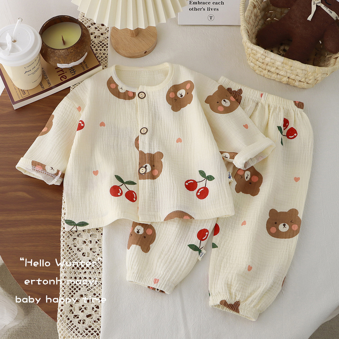 Picture of New Kidsren's Thin Double-Layer Pure Cotton Gauze Pajamas Summer Baby Home Clothes Boys and Girls Long-Sleeved Spring & Fall Suits