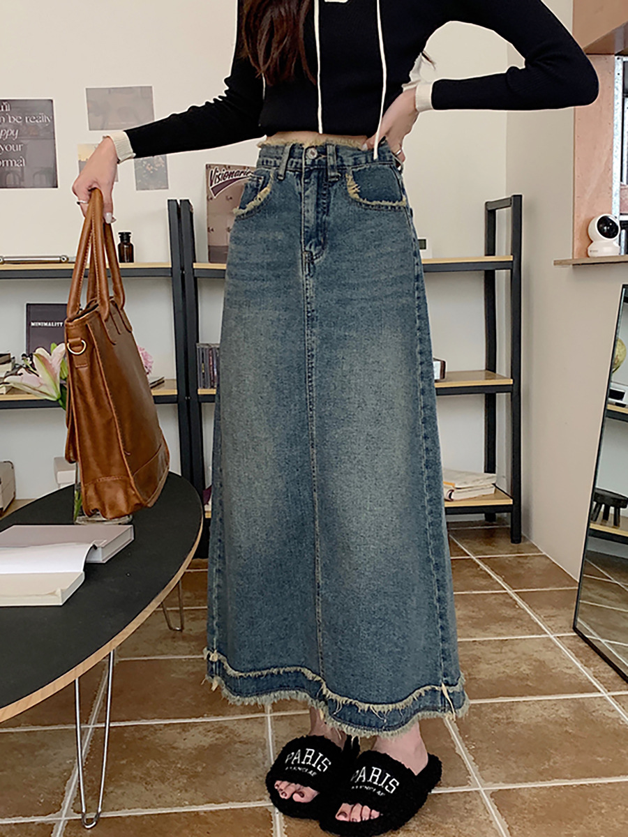 Vintage Frayed High-Waisted Denim Skirt for Women, Mid-Length, Pear-Shaped Body, Tall, A-Line Half-Length Skirt with Large Hem