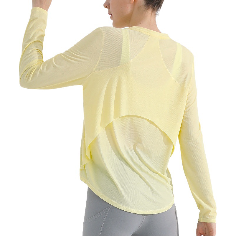 Cross-border dry back long T-shirt women's loose transparent quick-drying sports long-sleeved yoga clothes fitness Long T sun protection clothing