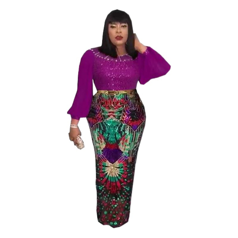 Cross-border supply of 2021 spring and autumn elastic elegant plus size high waist round neck pullover sequins hip dress with belt