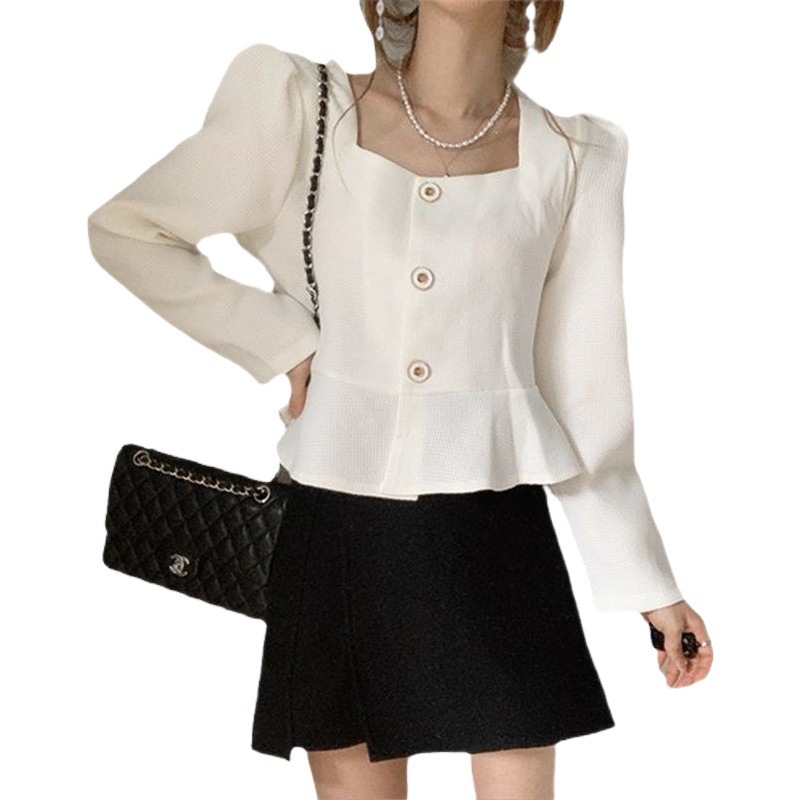 Women's Korean-style women's ruffled top long-sleeved single-breasted square collar solid color short coat