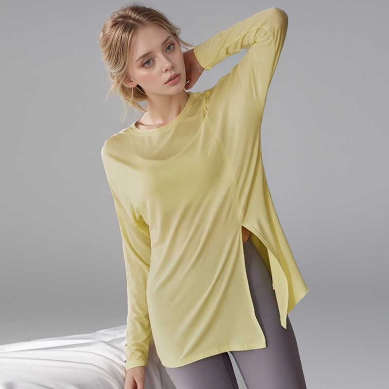 Yoga Clothing Women's Spring and Autumn New Loose Training Pilates Fitness Top Long Sleeve Split Knot Sports Blouse