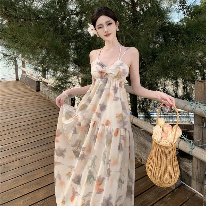 French Holiday Style Ink Painting Simi Print Fairy Dress Elegant Sexy Sling dress