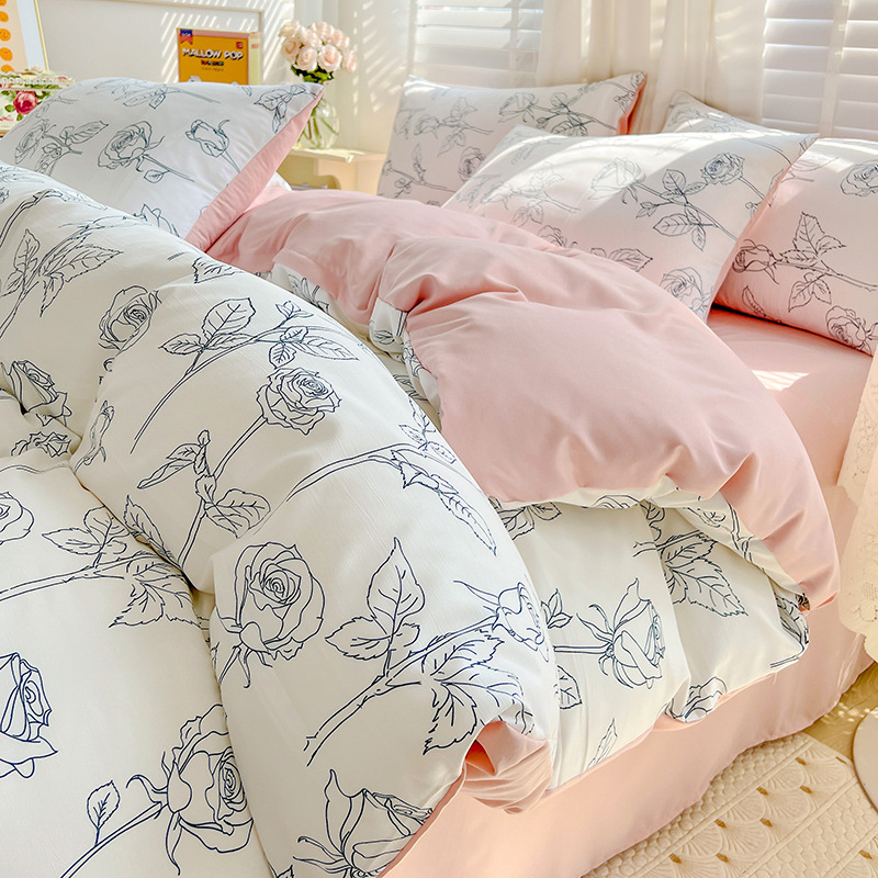 Picture of Class A Washed Double Yarn Cotton and Linen Four-piece Bed Sheet Cover Cover Three-piece Machine Washable Single and Double Bed Top Supplies