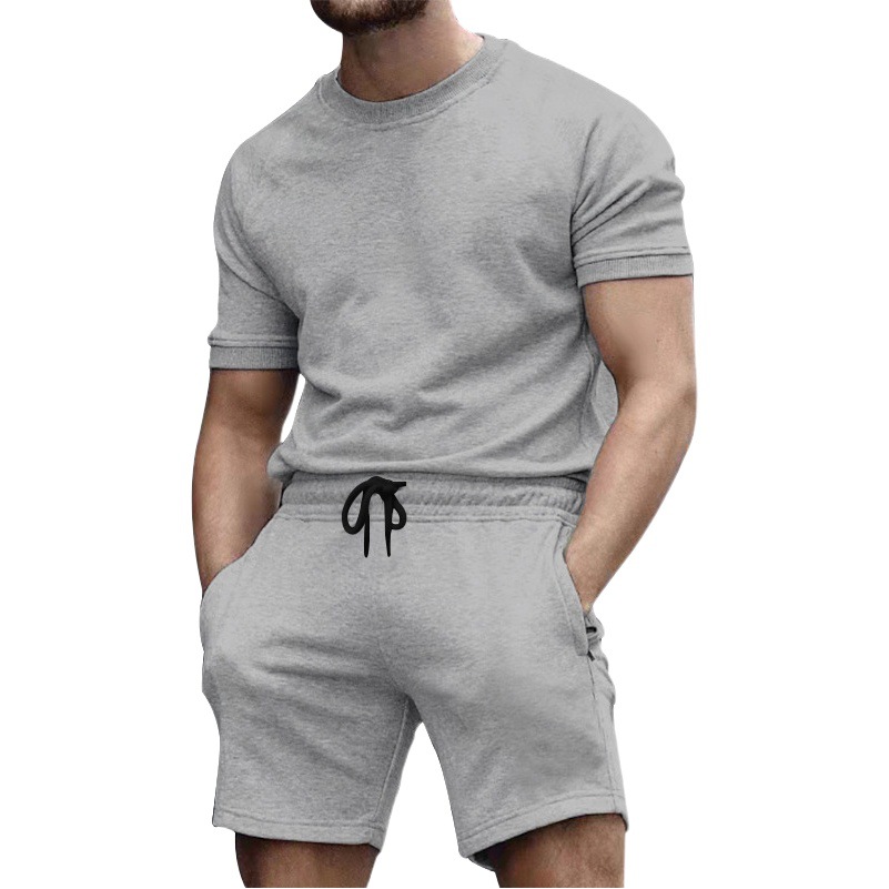 2024 Foreign Trade Short-sleeved T Men's Spring and Summer Casual Fashion Solid Color Two-piece Sports Suit Trendy Quad Pants for Men