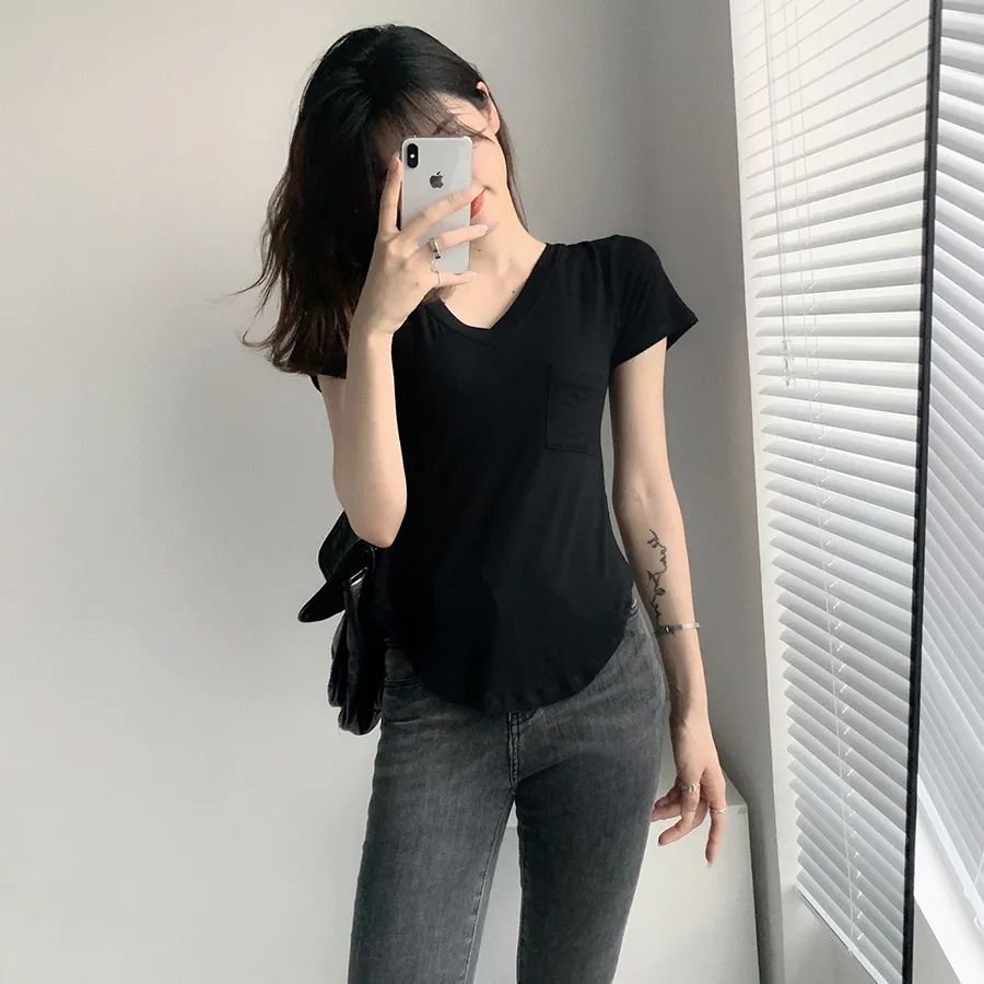 Modal Cotton Draped Collarbone T-shirt Women's Summer Loose Korean-style Base Shirt Short-sleeved Casual V-neck Top