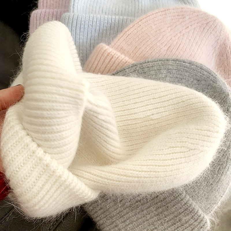 Picture of Korean Winter Knitted Hat with Large Brim for Women, Windproof Pullover Round-Top Adult Rabbit Fur Wool Hat