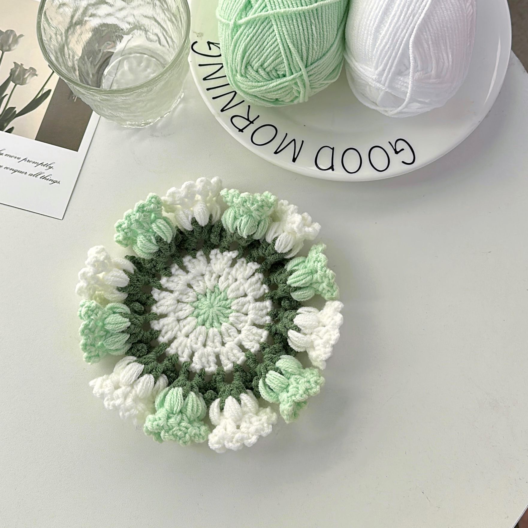 Picture of Beginner Handmade Weaving DIY Materials Kit, Yarn, Crochet, Lily of the Valley Gradient Coaster Gift for Girlfriend