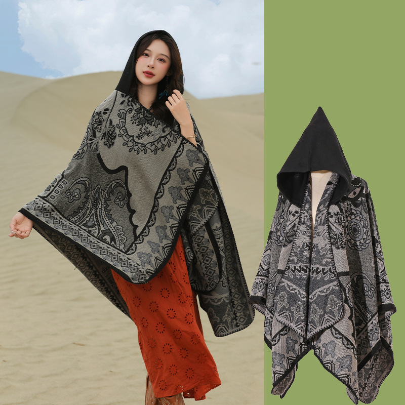 Picture of Ethnic Style Hooded Shawl Women's Yunnan Western Sichuan Travel Wear Costume Xinjiang Desert Photograph Outer Cape Cape