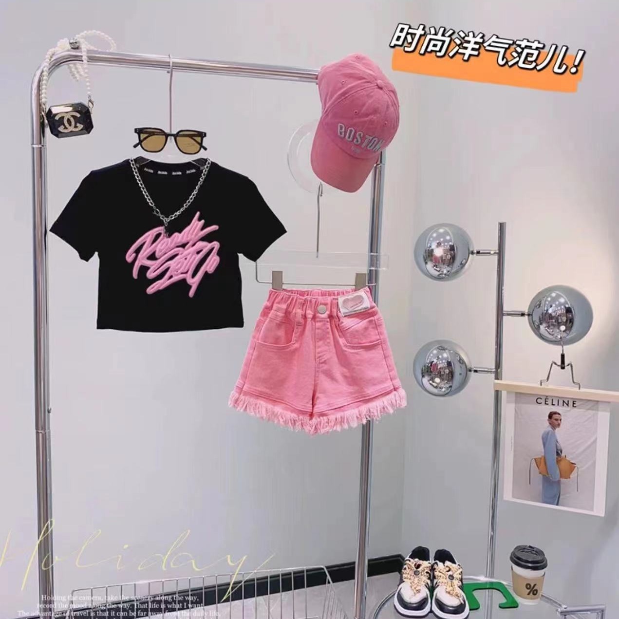 Girls' Summer Suit 2024 Summer Dress Big Kids Short-sleeved Knitted Sweater Fur-edged Shorts Fashionable Two-piece Set