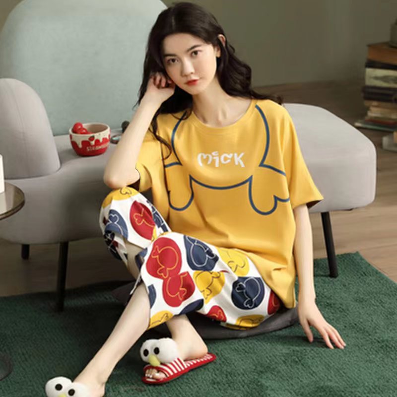 [Factory Outlet] Pajamas Women's Summer Korean Style Cyber Celebrity Plus Size Loose Short-sleeved Capri Pants Suit Home Clothes
