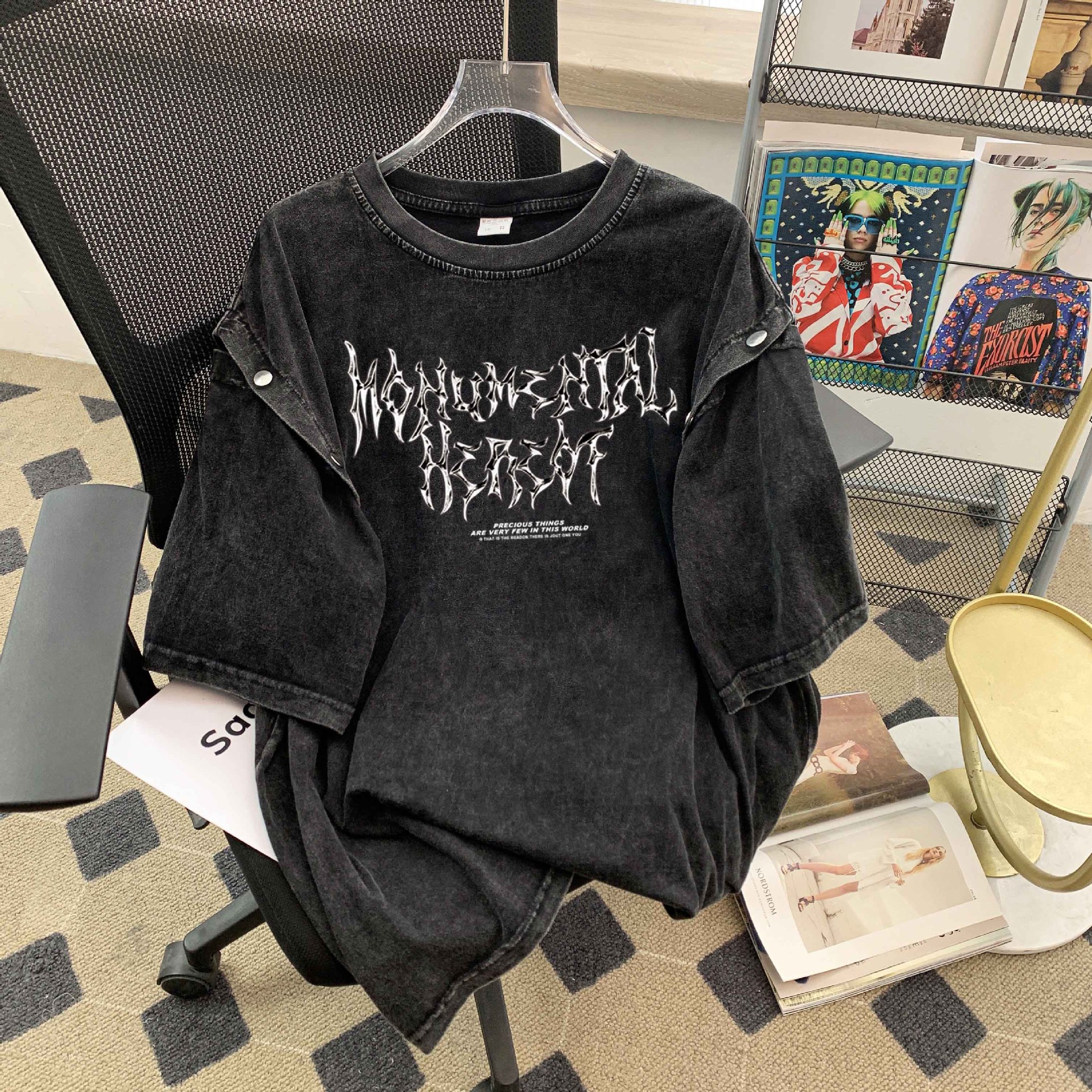 American Style Heavy Washed Pure Cotton Sleeve Detachable Short-sleeved T-shirt Women's Retro Ins Style Washable Fashionable Old Vest