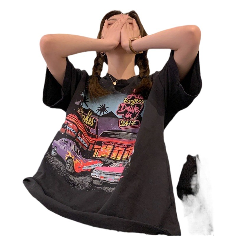 2025 Summer New American Retro Printed Short-Sleeved T-Shirt Women's Mid-Length Bf Style Loose Slimming Look Retro Top