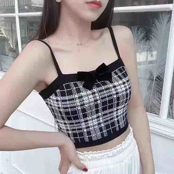 Picture of Princess Bow Plaid Small Camisole Women's 2023 Summer New Sweet Pure Desire Bottoming Top